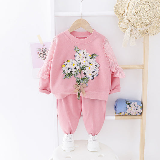 Spring And Autumn Girls' Clothing Baby Embroidered Lace Two Piece Set